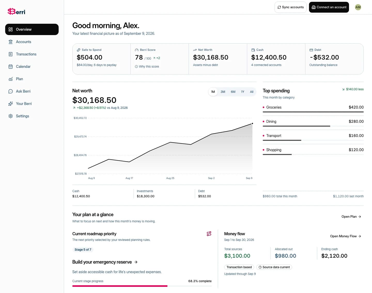 Berri Overview dashboard showing sample balances, spending, and financial summaries.